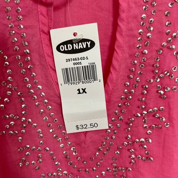 Old Navy Pink Long Sleeve Cotton Mini Sequins Scoop Tie Neck Tunic Top NWT 1X - Picture 6 of 13